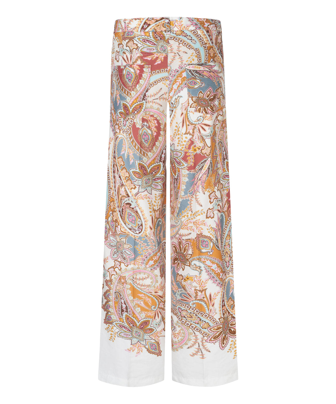 Hose von Cambio Adrienne aus Leinen mit buntem Paisleydruck und Tunnelzug. Die Hose hat ein langes und weites Bein und ein buntes Muster. 