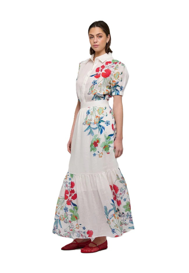 Rock Dea Kudibal PaulinaDEA hat Blumenmotive auf dem langen Leinenrock mit tiefer Rüsche und fließender Silhouette in weiss mit Blumen 