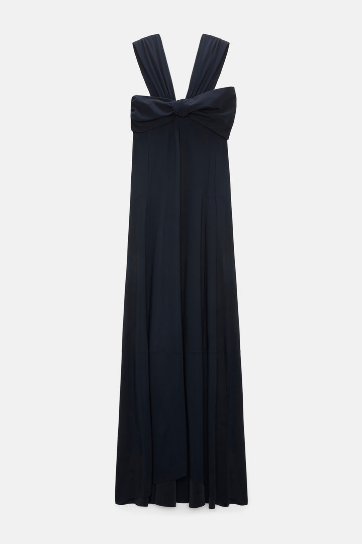 Kleid von Dorothee Schumacher MODERN FLOW dress in dark navy. Das Kleid ist lang, hat einen eingestzten BH und hat ein Schleifendetails mit breiten Trägern. 