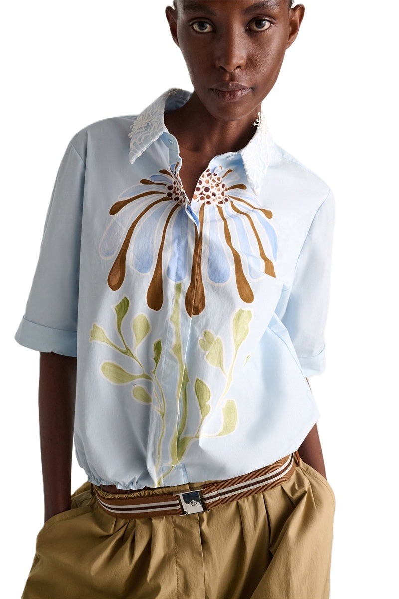 Bluse-Dorothee Schumacher-FLORAL POWER blouse-hellblau-Spitzenkragen-Blumen-Hemdbluse 