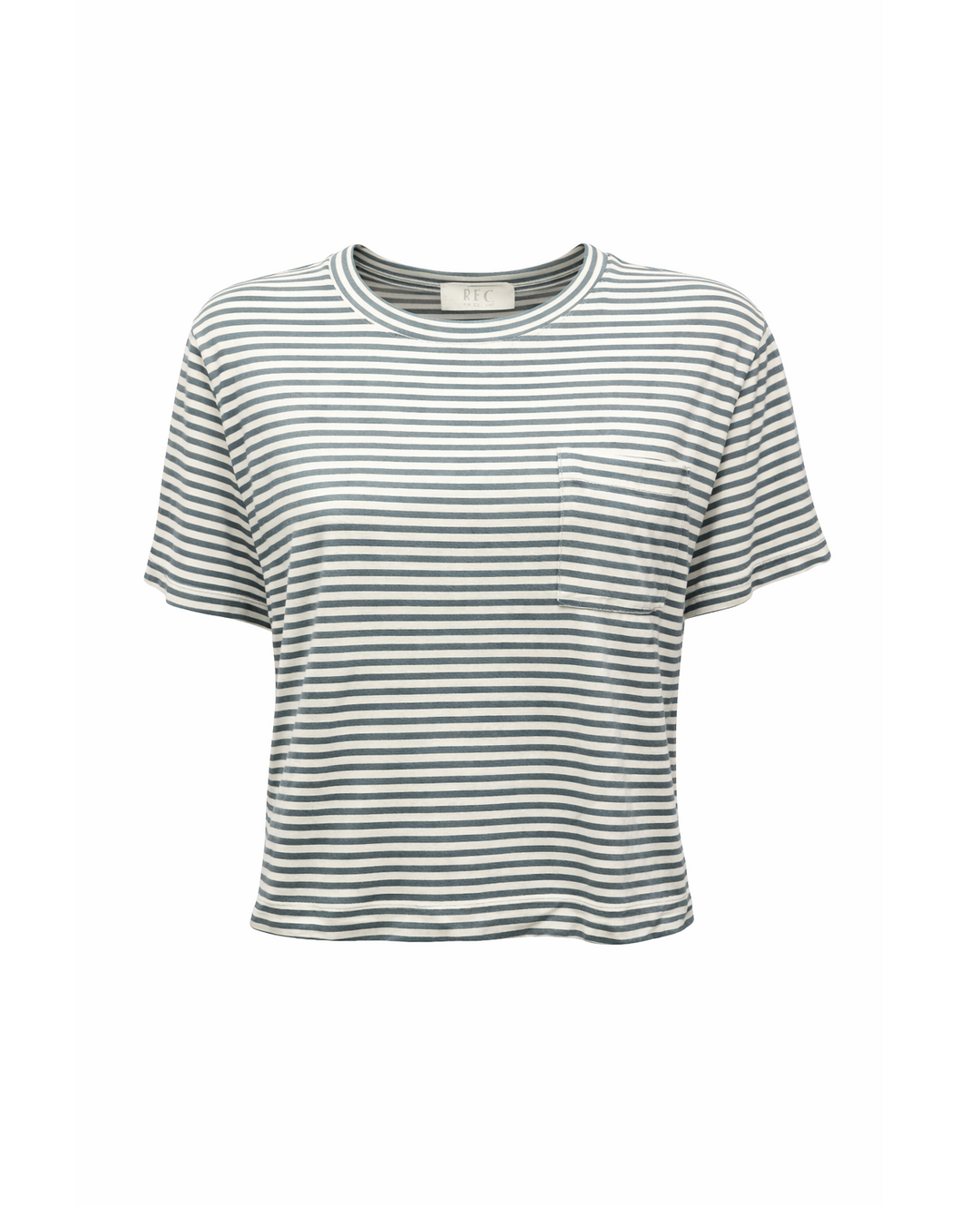 Shirt von FFC in Streifenoptik mit Rundhalsausschnitt und halbem Arm Das Shirt hat eine weiche Ware und ist blau weiß gestreift. 