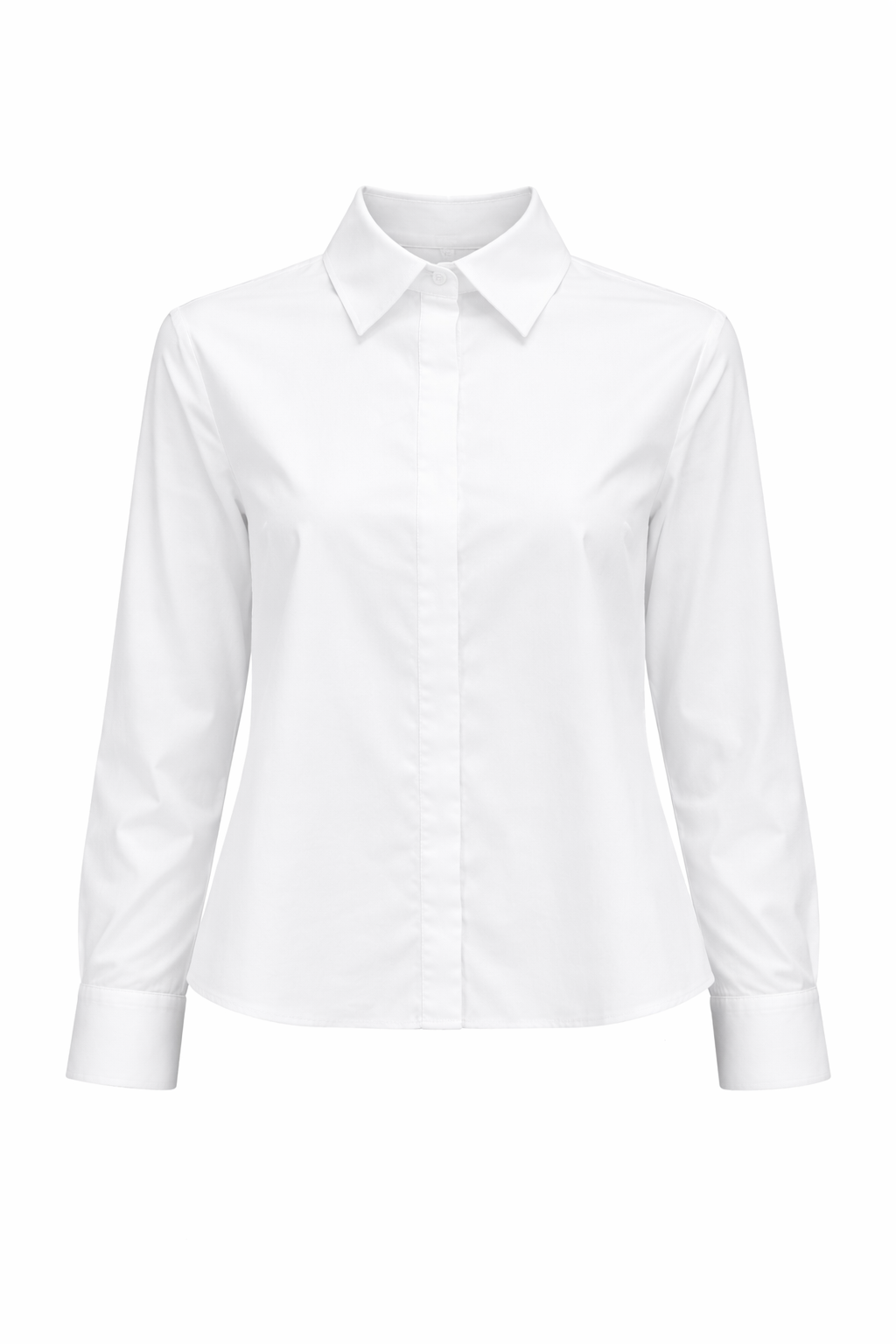 Baumwollbluse von FFC in weiß mit Kragen. Die Bluse ist ausgestellt und hat eine verdeckte Knopfleiste. 