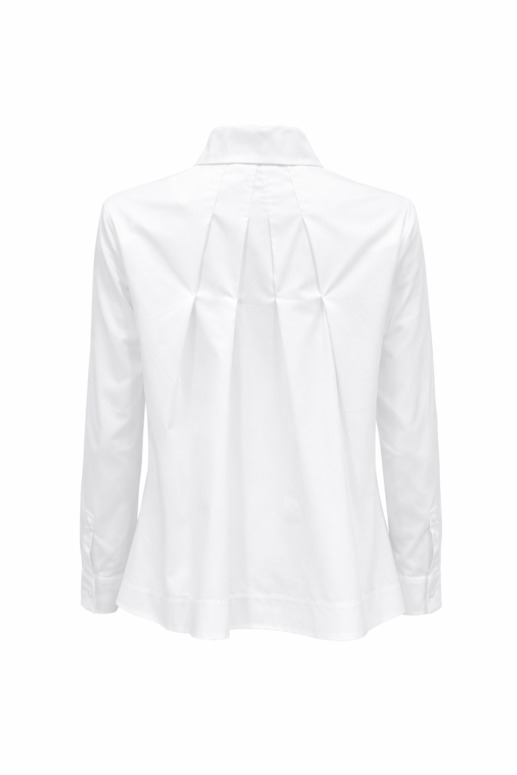 Baumwollbluse von FFC in weiß mit Kragen. Die Bluse ist ausgestellt und hat eine verdeckte Knopfleiste. 