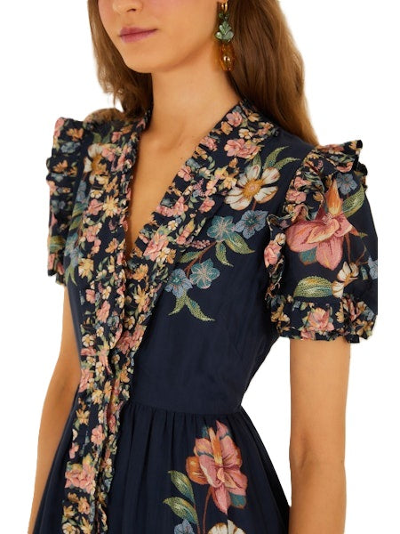 Kleid-Farm Rio-MAIRA-FLORAL-Blumen-lang-Puffärmel-dunkelblau