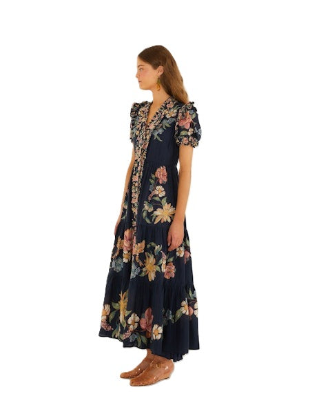 Kleid-Farm Rio-MAIRA-FLORAL-Blumen-lang-Puffärmel-dunkelblau