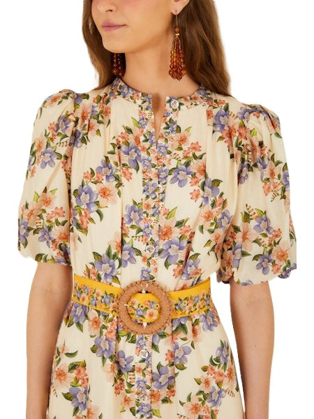 Kleid-Farm-Rio-HILO-STRIPES-MINI-Sommerkleid-kurz-Tailliert-Gürtel-Bliumen-Print-gelb-beige