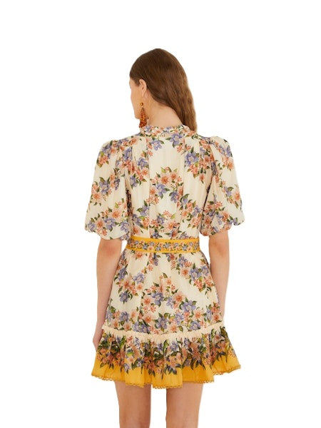 Kleid-Farm-Rio-HILO-STRIPES-MINI-Sommerkleid-kurz-Tailliert-Gürtel-Bliumen-Print-gelb-beige