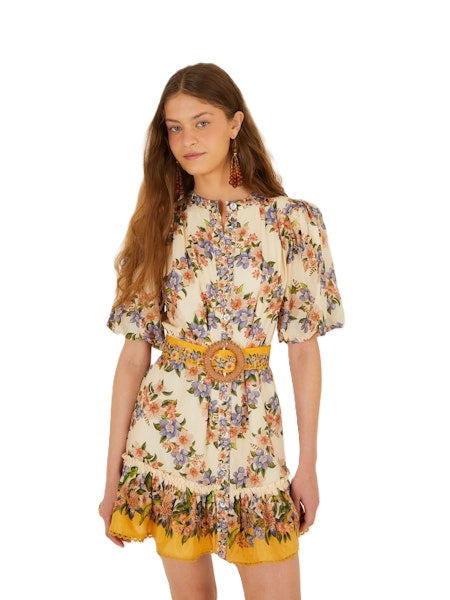 Kleid-Farm-Rio-HILO-STRIPES-MINI-Sommerkleid-kurz-Tailliert-Gürtel-Bliumen-Print-gelb-beige