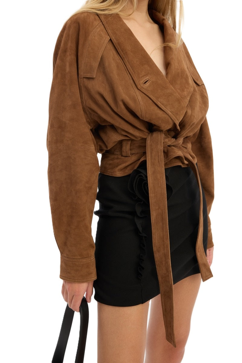 Minirock-Rotate-schwarz-Blume-Rüschen-eng