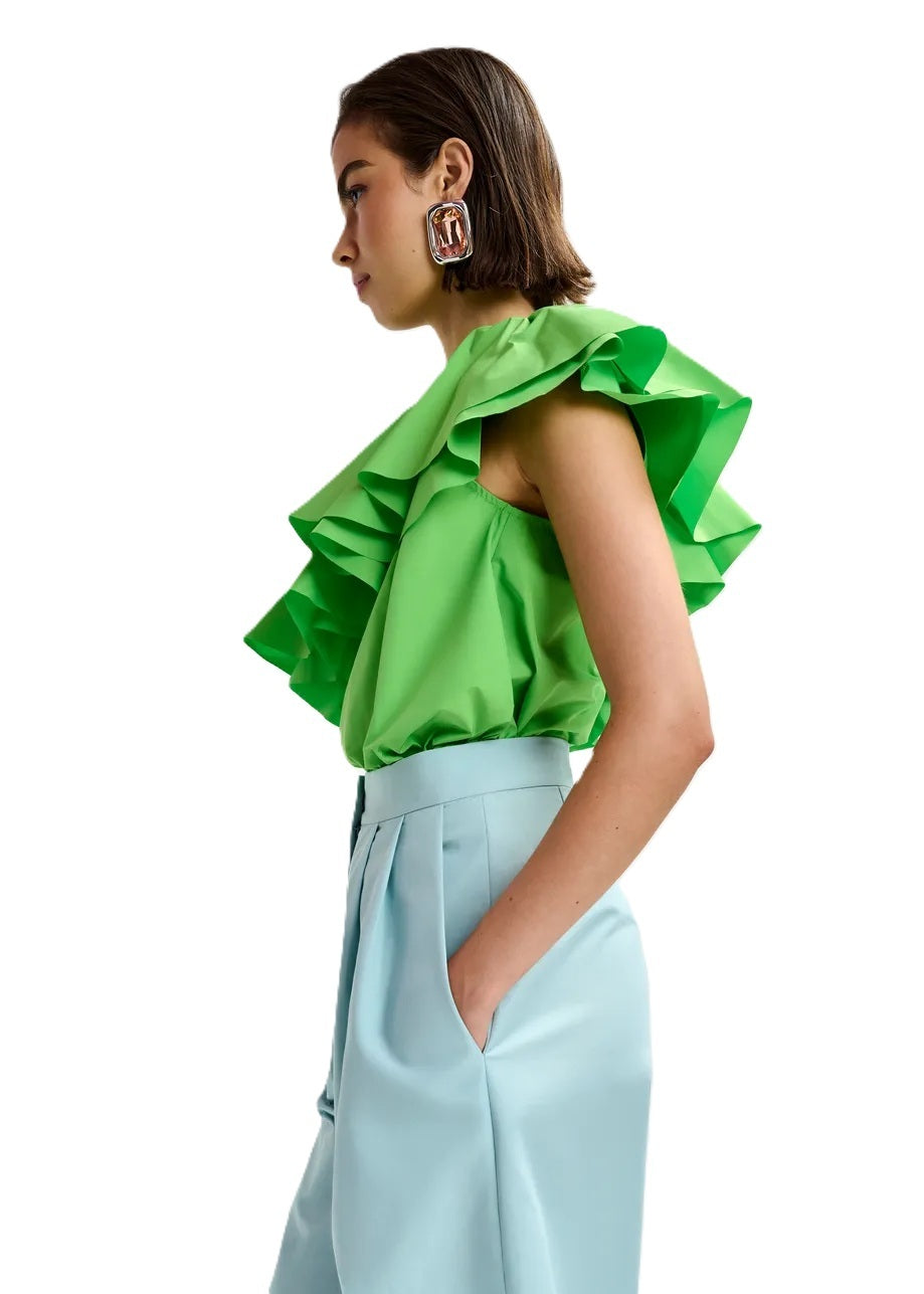 Shirt-Essentiel Antwerp-JILLIAN ASYMMETRIC RUFFLE TOP-one shoulder-Ruesche-gerade-gruen