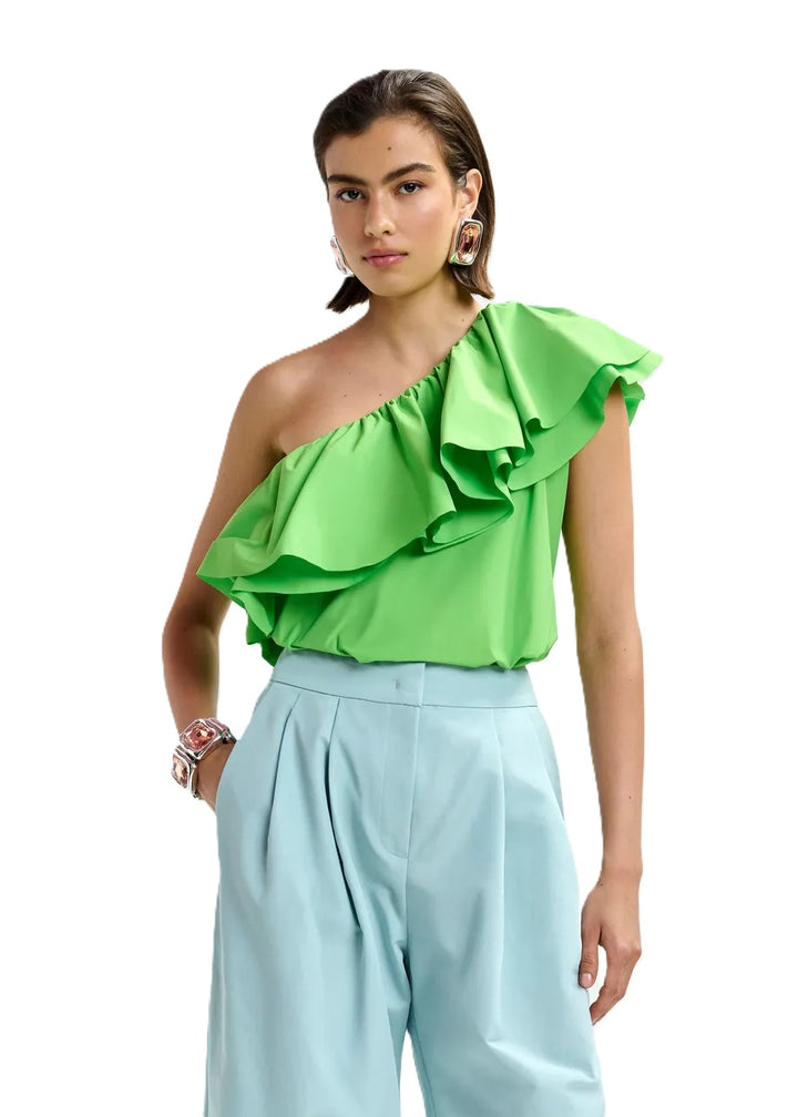 Shirt-Essentiel Antwerp-JILLIAN ASYMMETRIC RUFFLE TOP-one shoulder-Ruesche-gerade-gruen