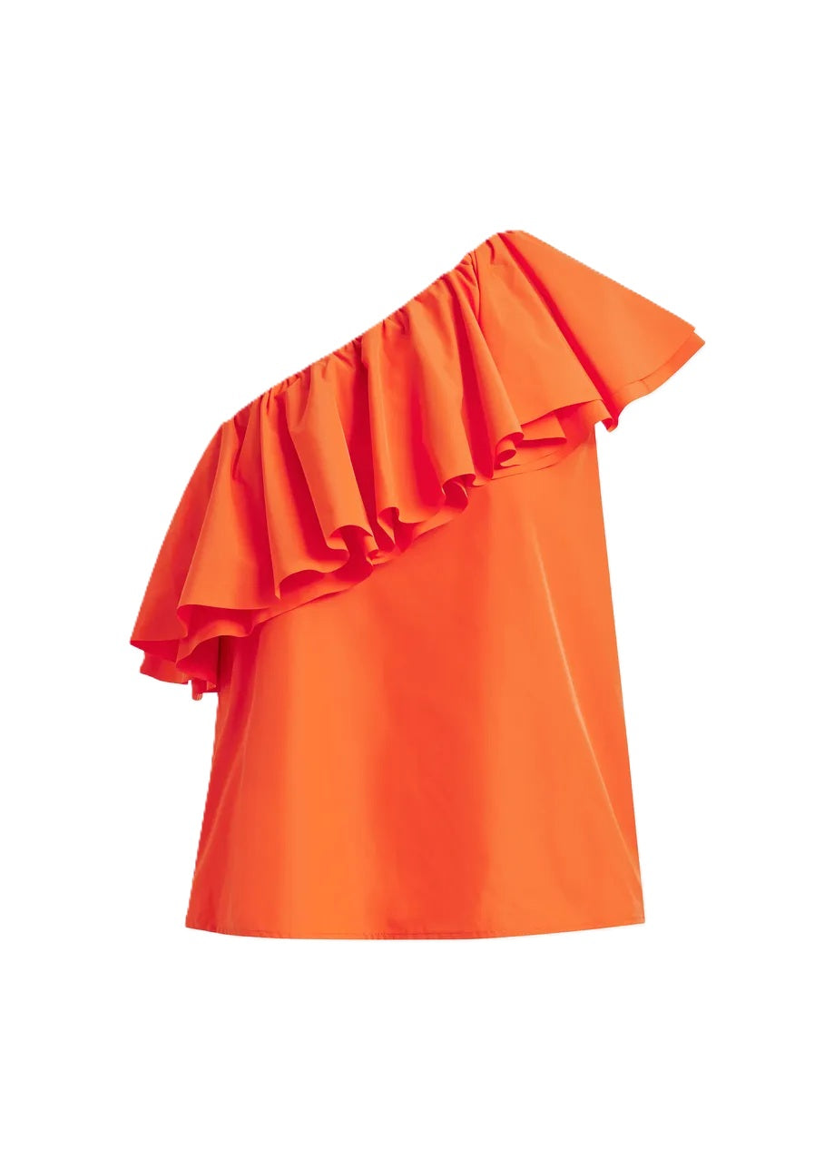 Shirt-Essentiel Antwerp-JILLIAN ASYMMETRIC RUFFLE TOP-one shoulder-Ruesche-gerade-orange 