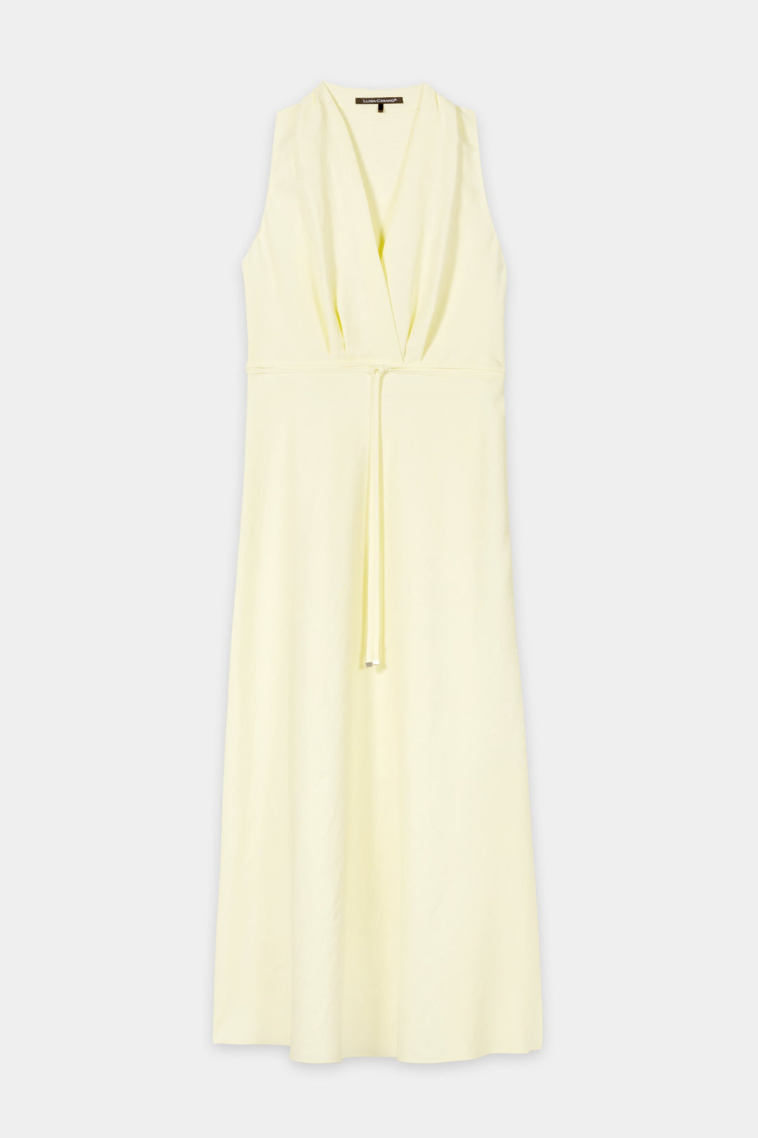 Kleid von Luisa Cerano in gelb aus Leinen. Das Kleid hat keine Aermel und einen Bindeguertel. Der Rock ist leicht ausgestellt und es hat einen Reissverschluss. 