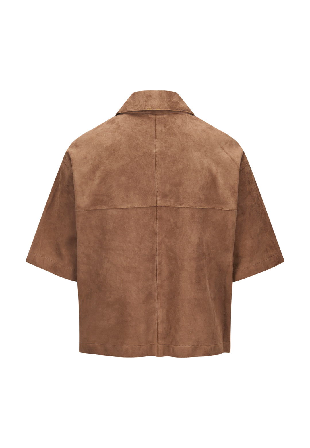 Coole Jacke von Milestone MSRuth in braun aus Ziegenvelours. Die Jacke hat halblange Ärmel und eine Knopfleiste und einen Kragen. Sie hat zwei aufgesetzte Taschen. 