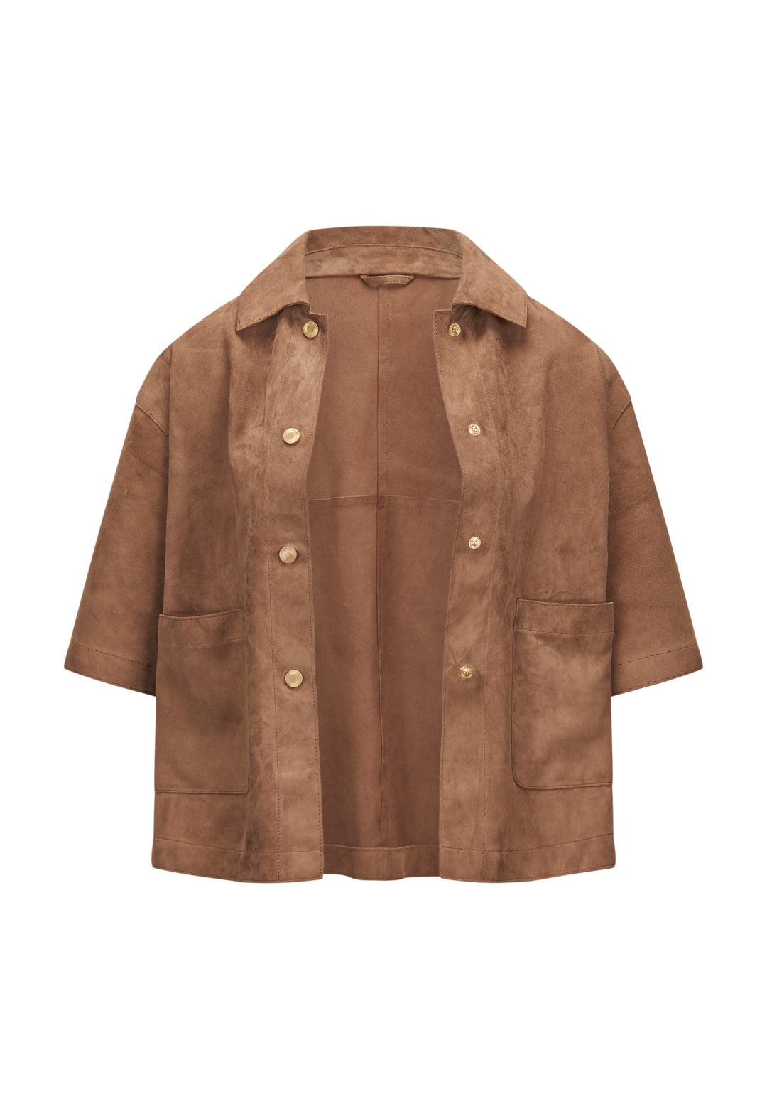 Coole Jacke von Milestone MSRuth in braun aus Ziegenvelours. Die Jacke hat halblange Ärmel und eine Knopfleiste und einen Kragen. Sie hat zwei aufgesetzte Taschen. 