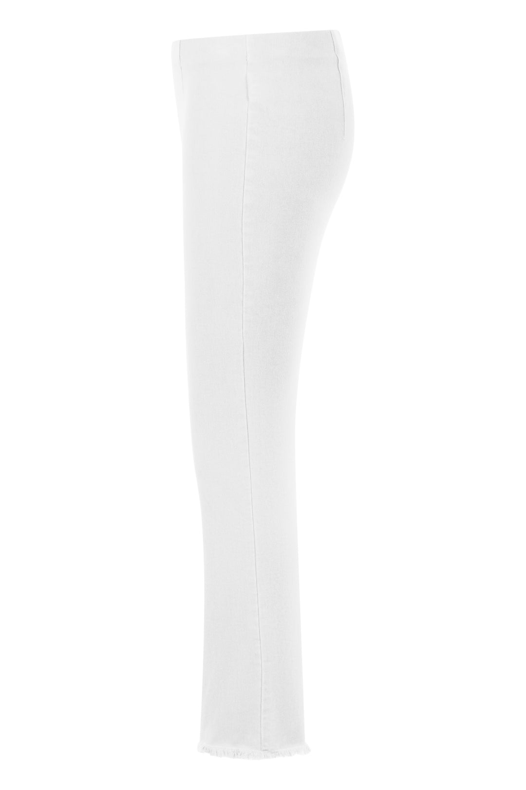 Hose Seductive Cindy in weiß. Cindy ist eine figurbetonte Hose mit mittlerer Leibhöhe und elastischem Bund. Das Bein ist schmal und verkürzt. Am Saum befinden sich leichte Fransen. Die Hose ist nicht durchsichtig und somit der perfekte Style für sommerliche Outfits.