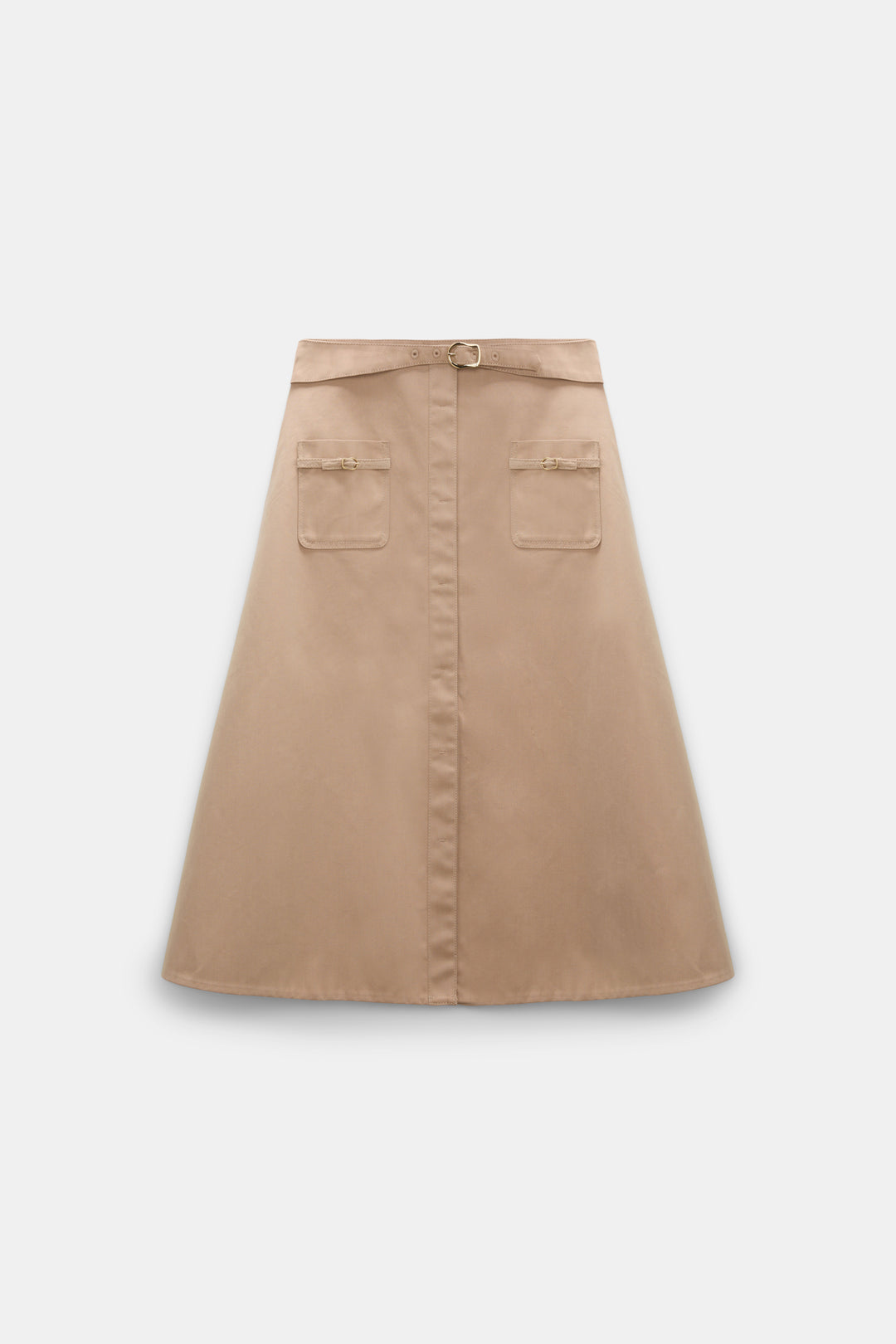 Rock Dorothee Schumacher LUXURY LAYER Skirt in trench. Der ausgestellte beige Rock im modernen, femininen Look aus changierender Technostoff hat aufgesetzte Taschen mit Gürtel und eine geknöpfte Frontleiste. Der Rock wird mit einem passenden Gürtel mit Signature-Schnalle geliefert.