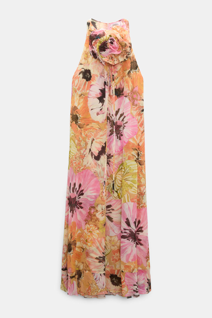 Kleid Dorothee Schumacher FLORAL DREAM in boho flower print. Das Midikleid mit Signature Print ist aus Viskose-Georgette gefertigt kommt mit einer formbaren XL-Brosche. Das Kleid hat ausgeschnittene Schultern und fällt in einer weichen A-Linien-Form. Die Brosche ist abnehmbar. Der Saum fällt volantsartig. Das Kleid ist lang und fließend geschnitten. 