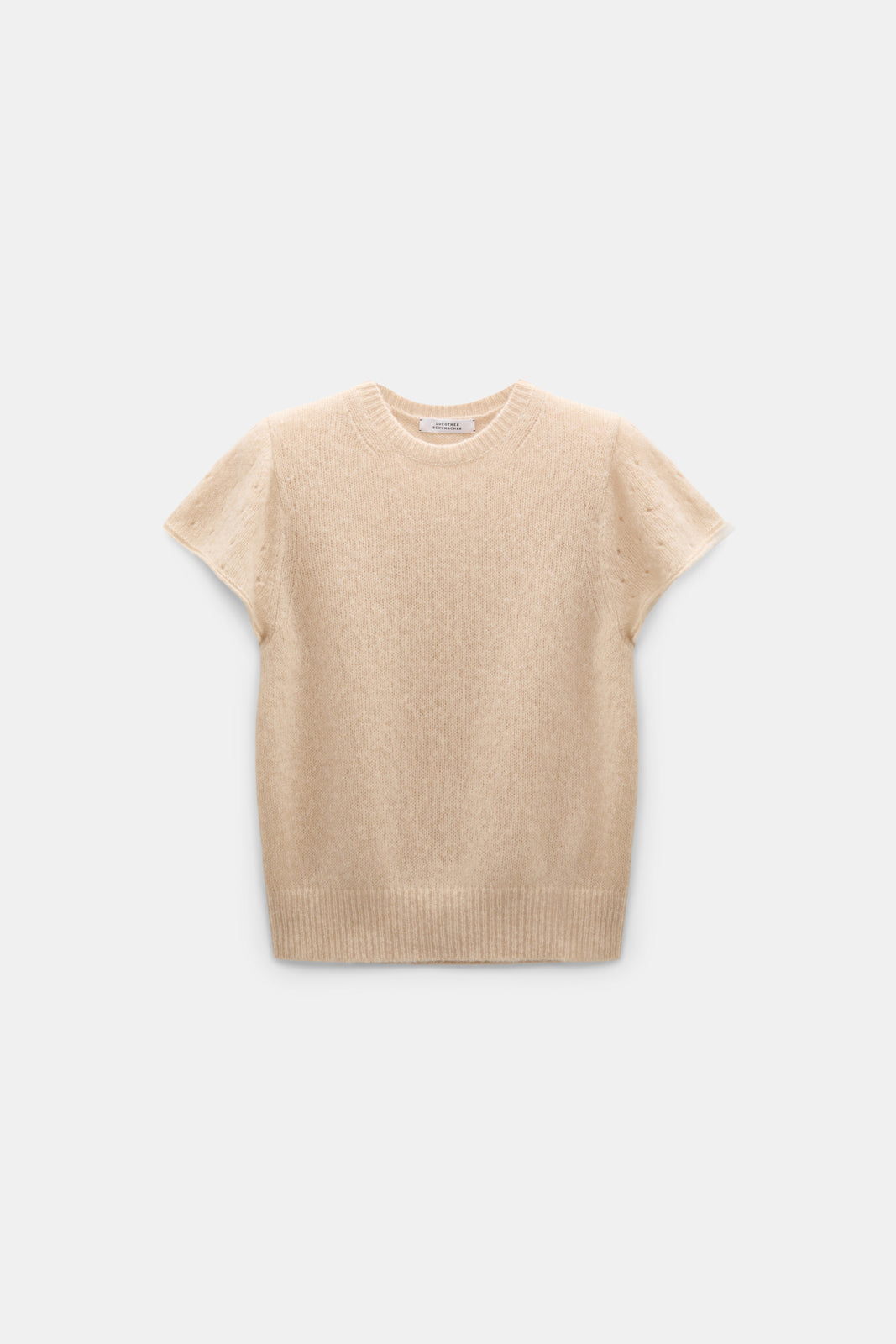 Pullover Dorothee Schumacher LUXURY LOVE Pullover in trench. Der Pullover ist aus weichem Kaschmir gestrickt und hat ein offenes Pointelle-Muster an den Ärmeln. Er hat einen Rundhalsausschnitt und weite kurze Ärmel. Die Ärmelbündchen sind gerollt. 