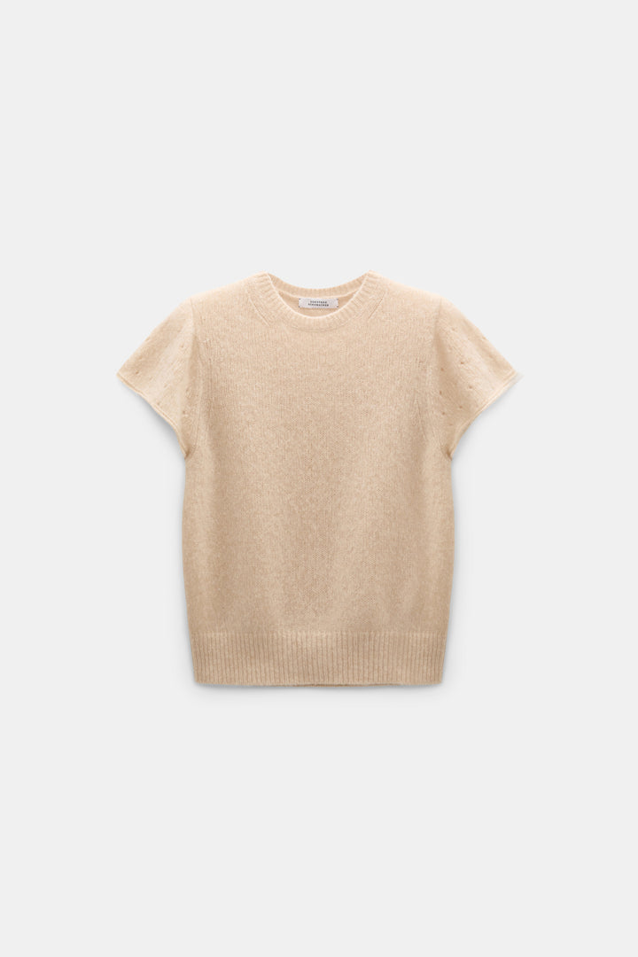 Pullover Dorothee Schumacher LUXURY LOVE Pullover in trench. Der Pullover ist aus weichem Kaschmir gestrickt und hat ein offenes Pointelle-Muster an den Ärmeln. Er hat einen Rundhalsausschnitt und weite kurze Ärmel. Die Ärmelbündchen sind gerollt. 