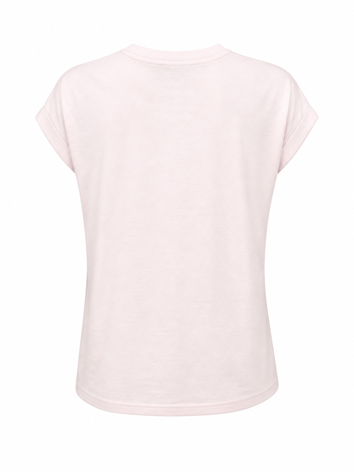 Hellrosa Basic T-Shirt mit kurzen Ärmel aus Baumwolle und mit einem Rundhals Ausschnitt. Vorne hat es eine Print mit drei Summer Grils.