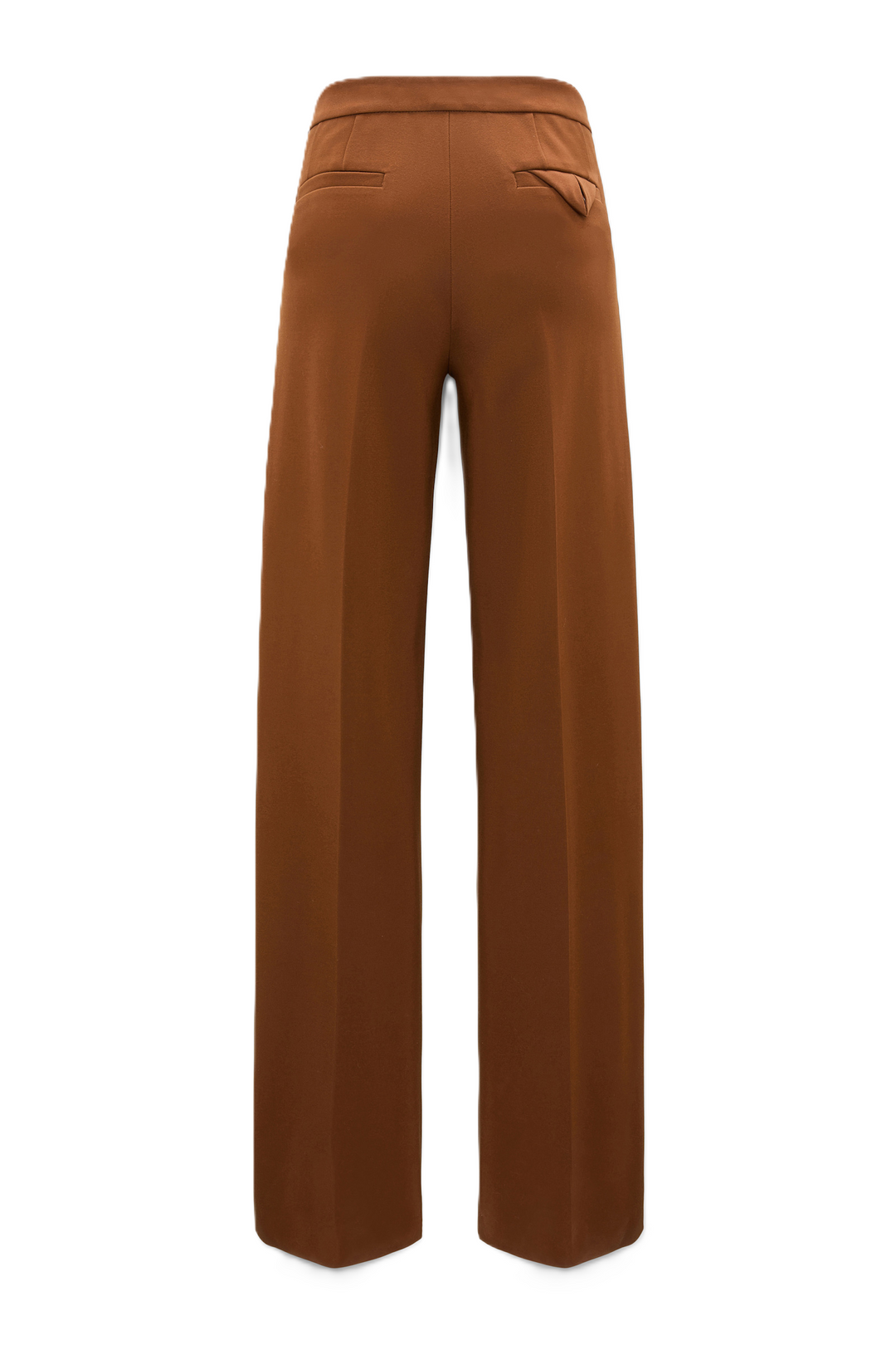 Haselnuss-braune Anzugshose von Dorothee Schumacher aus Punto Milano mit weitem, geradem Bein und Mid-Waist-Bund. Sie hat zwei seitliche Eingriffstaschen vorne und zwei pattentaschen hinten.