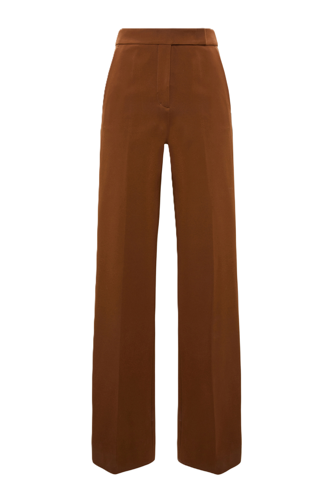 Haselnuss-braune Anzugshose von Dorothee Schumacher aus Punto Milano mit weitem, geradem Bein und Mid-Waist-Bund. Sie hat zwei seitliche Eingriffstaschen vorne und zwei pattentaschen hinten.