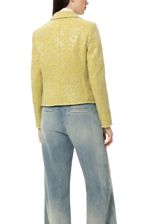 Blazer von Luisa Cerano in gelb mit schimmernden Pailletten. Klassische Form mit Kragen und Druckknopf. Der Blazer ist gefüttert. 