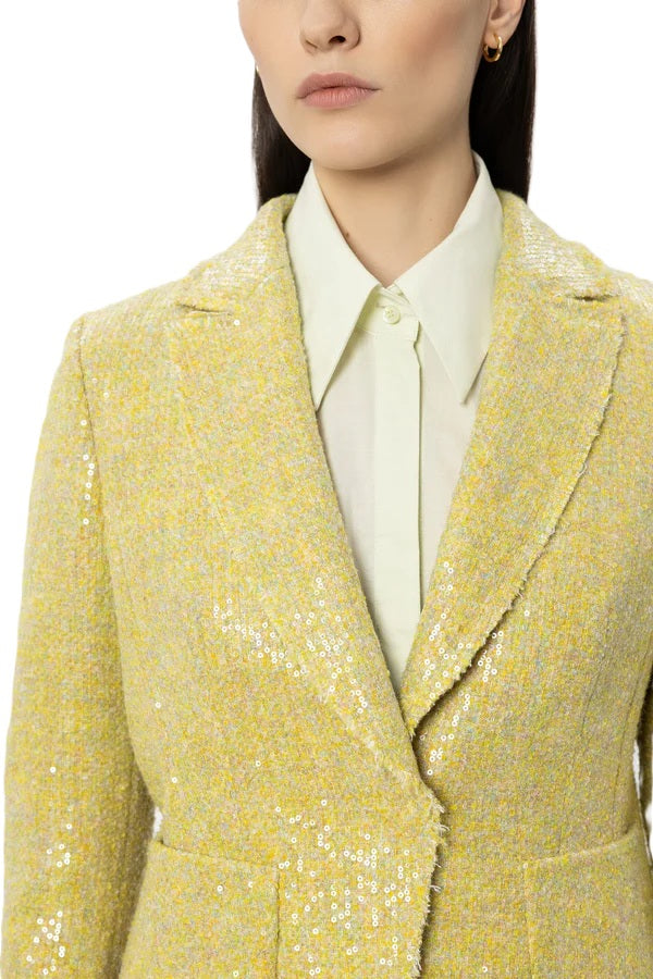 Blazer von Luisa Cerano in gelb mit schimmernden Pailletten. Klassische Form mit Kragen und Druckknopf. Der Blazer ist gefüttert. 