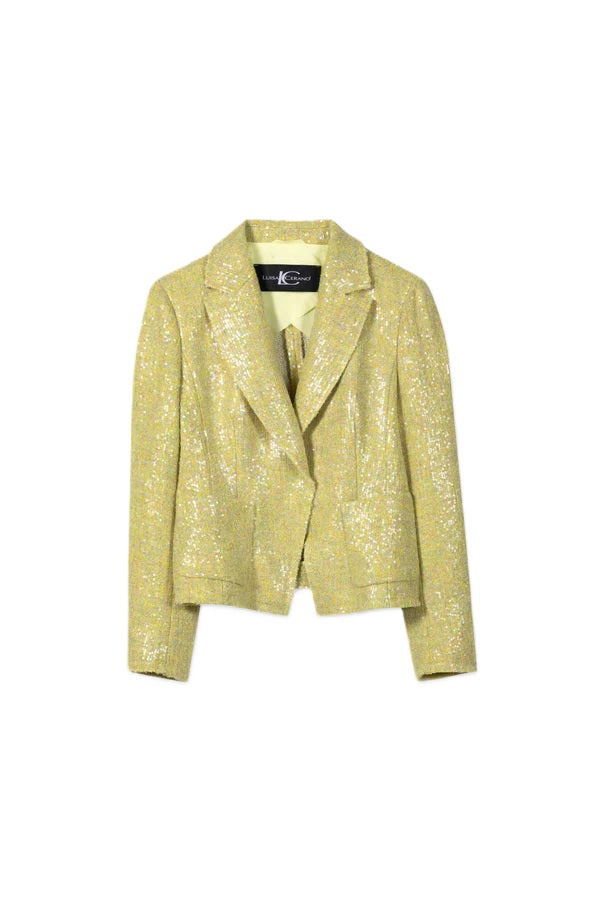 Blazer von Luisa Cerano in gelb mit schimmernden Pailletten. Klassische Form mit Kragen und Druckknopf. Der Blazer ist gefüttert. 