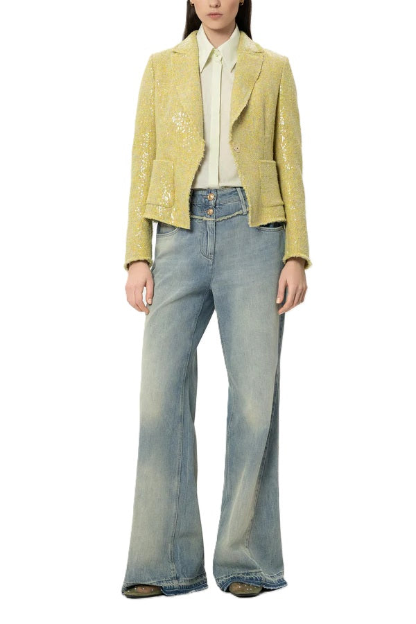 Blazer von Luisa Cerano in gelb mit schimmernden Pailletten. Klassische Form mit Kragen und Druckknopf. Der Blazer ist gefüttert. 