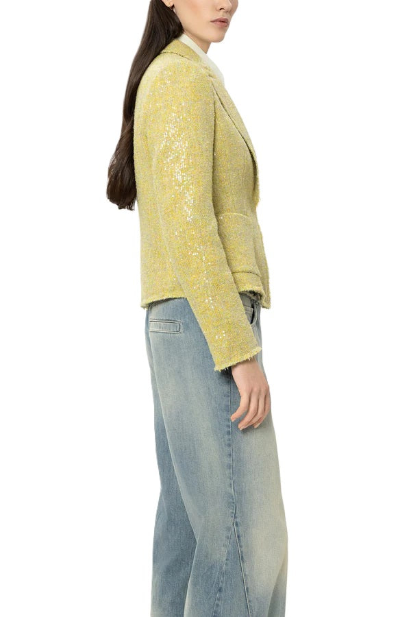 Blazer von Luisa Cerano in gelb mit schimmernden Pailletten. Klassische Form mit Kragen und Druckknopf. Der Blazer ist gefüttert. 