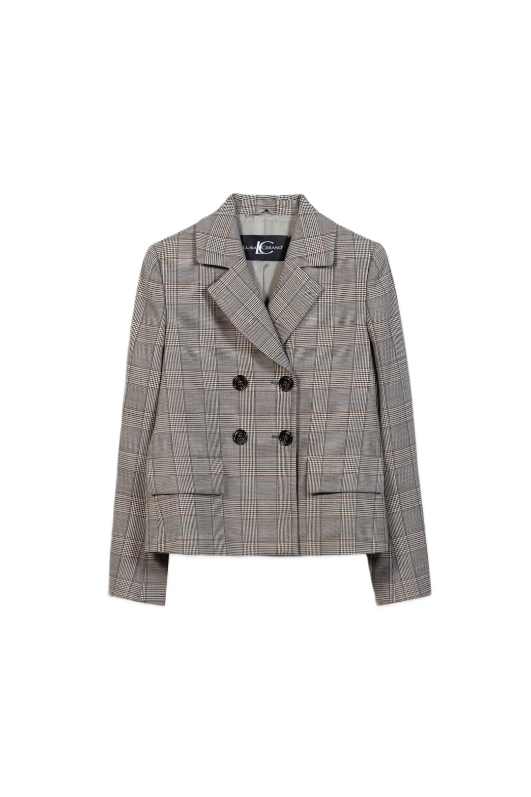 Grauer Karo-Blazer von Luisa Cerano im Glencheck-Dessin mit Reverskragen, doppelreihigem Schnitt und vier Hornknöpfen.