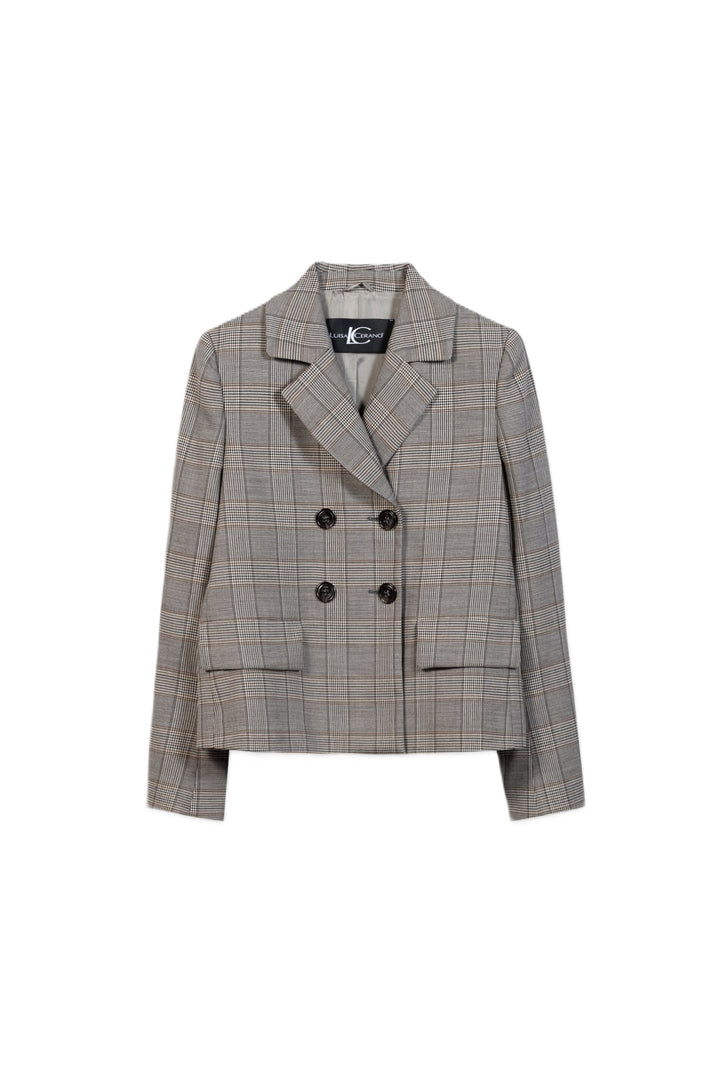 Grauer Karo-Blazer von Luisa Cerano im Glencheck-Dessin mit Reverskragen, doppelreihigem Schnitt und vier Hornknöpfen.