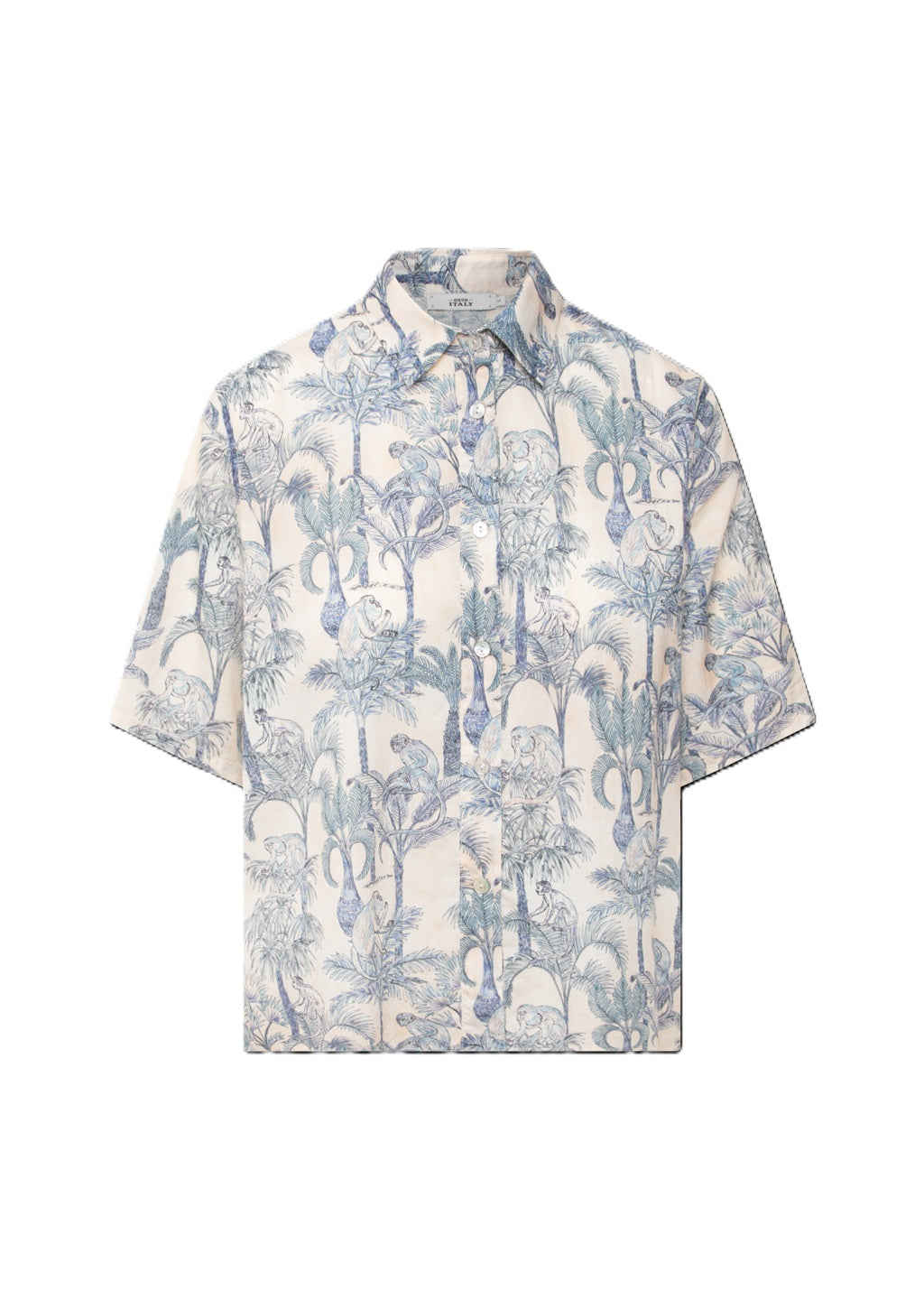 Bluse von 0039 Italy Bea. Die Bluse hat einen Affenprint und ist gerade geschnitten mit Halbarm, Kragen und Knopfleiste.