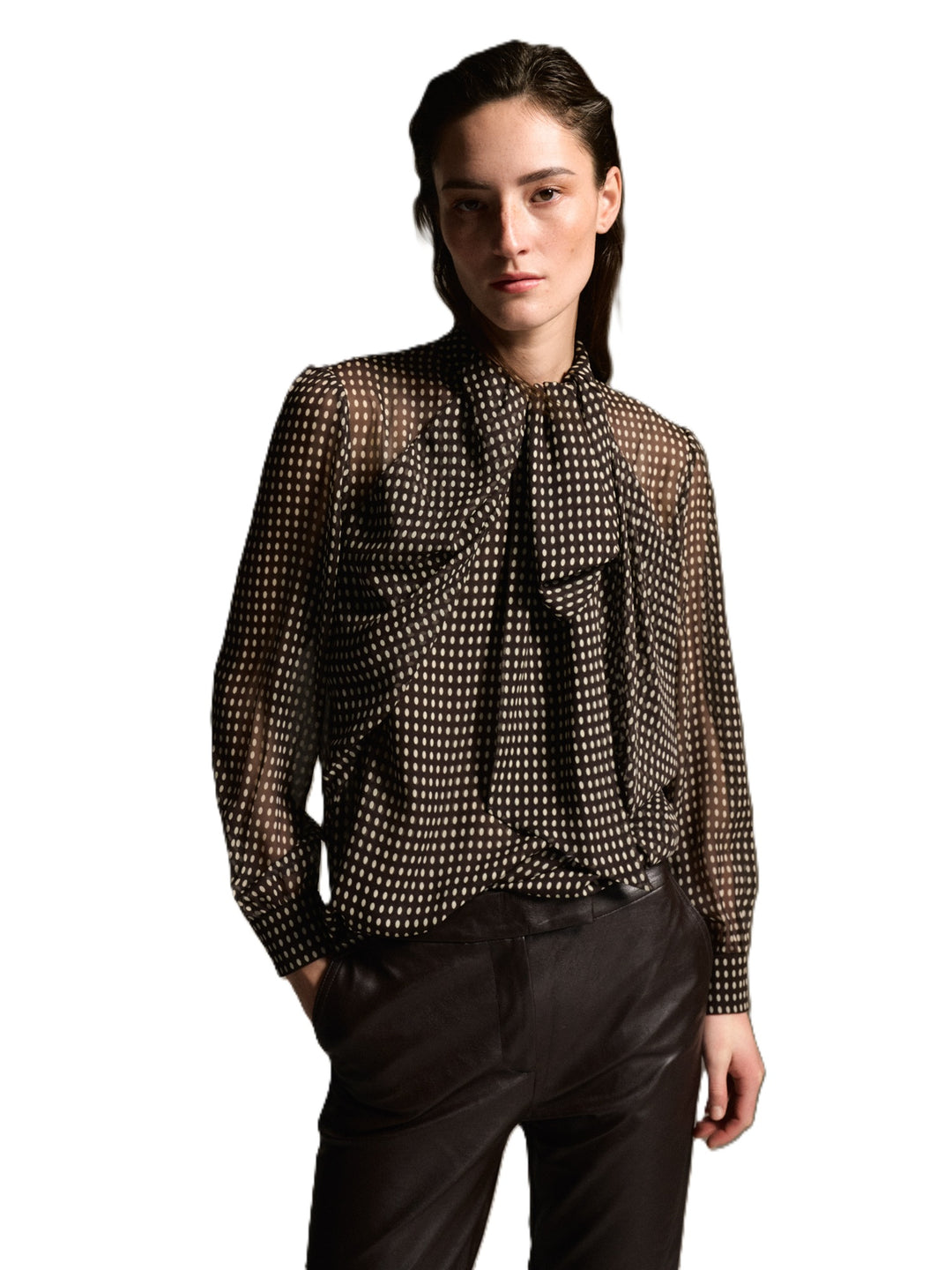 Braune Bluse Dorothea von 0039 Italy mit weißem Punktemuster, angenähter Schluppe und leicht transparenten Ärmeln.