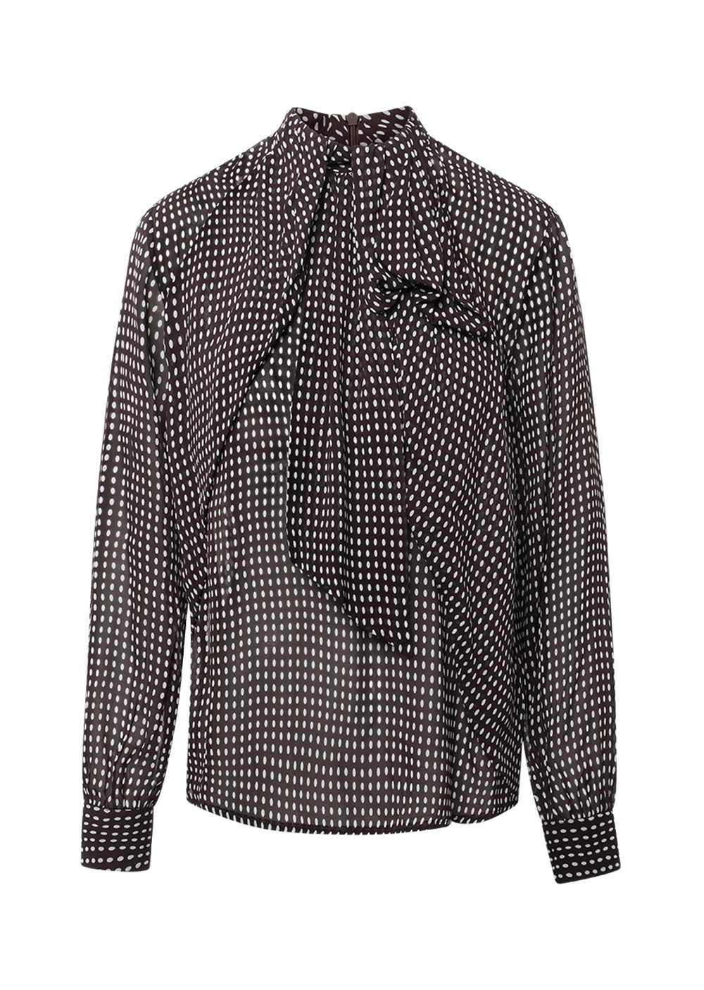 Braune Bluse Dorothea von 0039 Italy mit weißem Punktemuster, angenähter Schluppe und leicht transparenten Ärmeln.