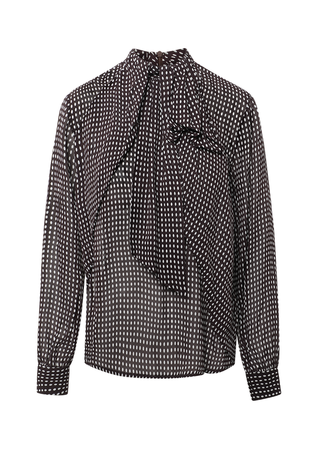 Braune Bluse Dorothea von 0039 Italy mit weißem Punktemuster, angenähter Schluppe und leicht transparenten Ärmeln.
