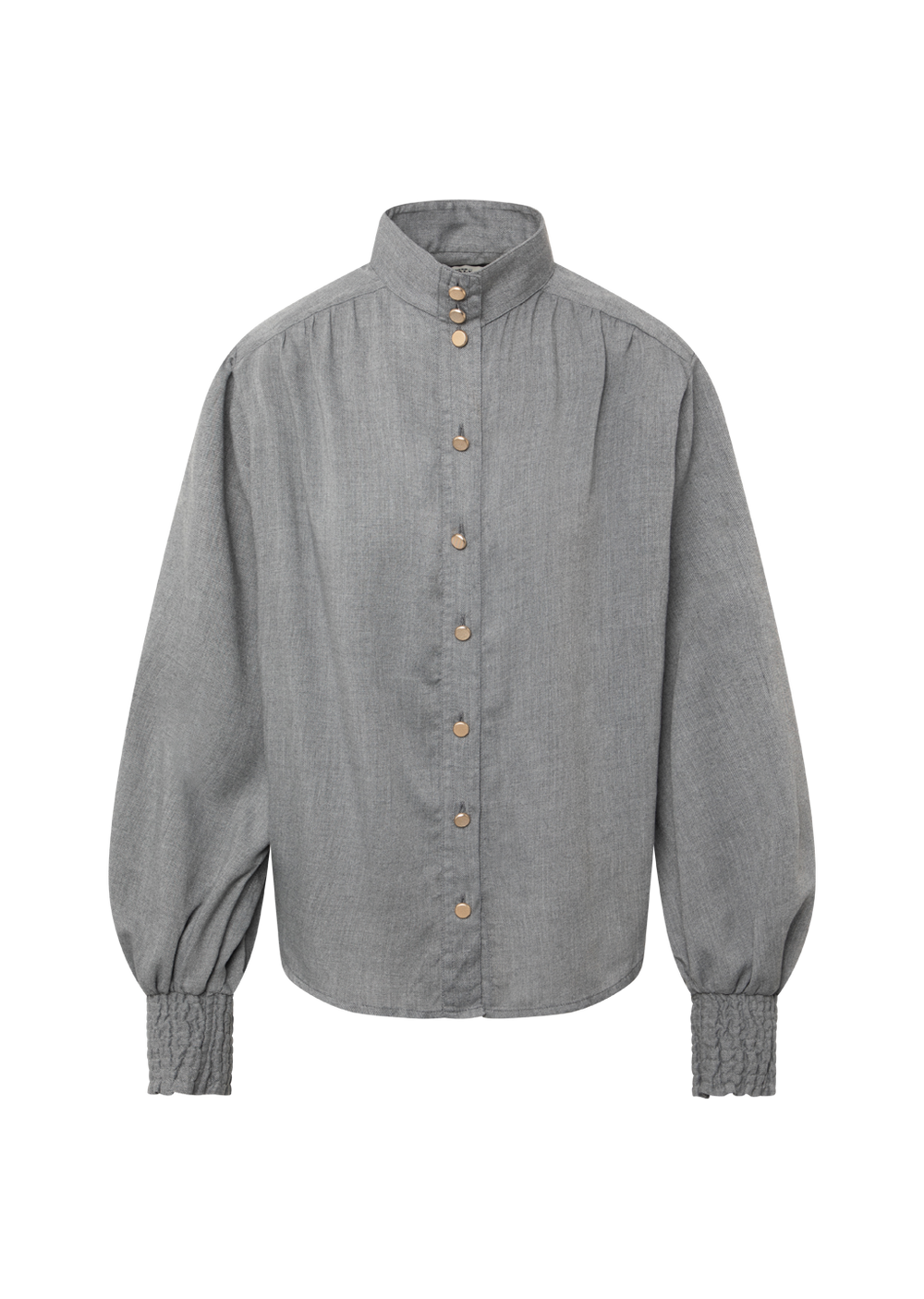 Graue Bluse Dunia von 0039 Italy im Oversize-Schnitt mit gesmoktem Stehkragen, goldenen Knöpfen und leicht gepufften Ärmeln.