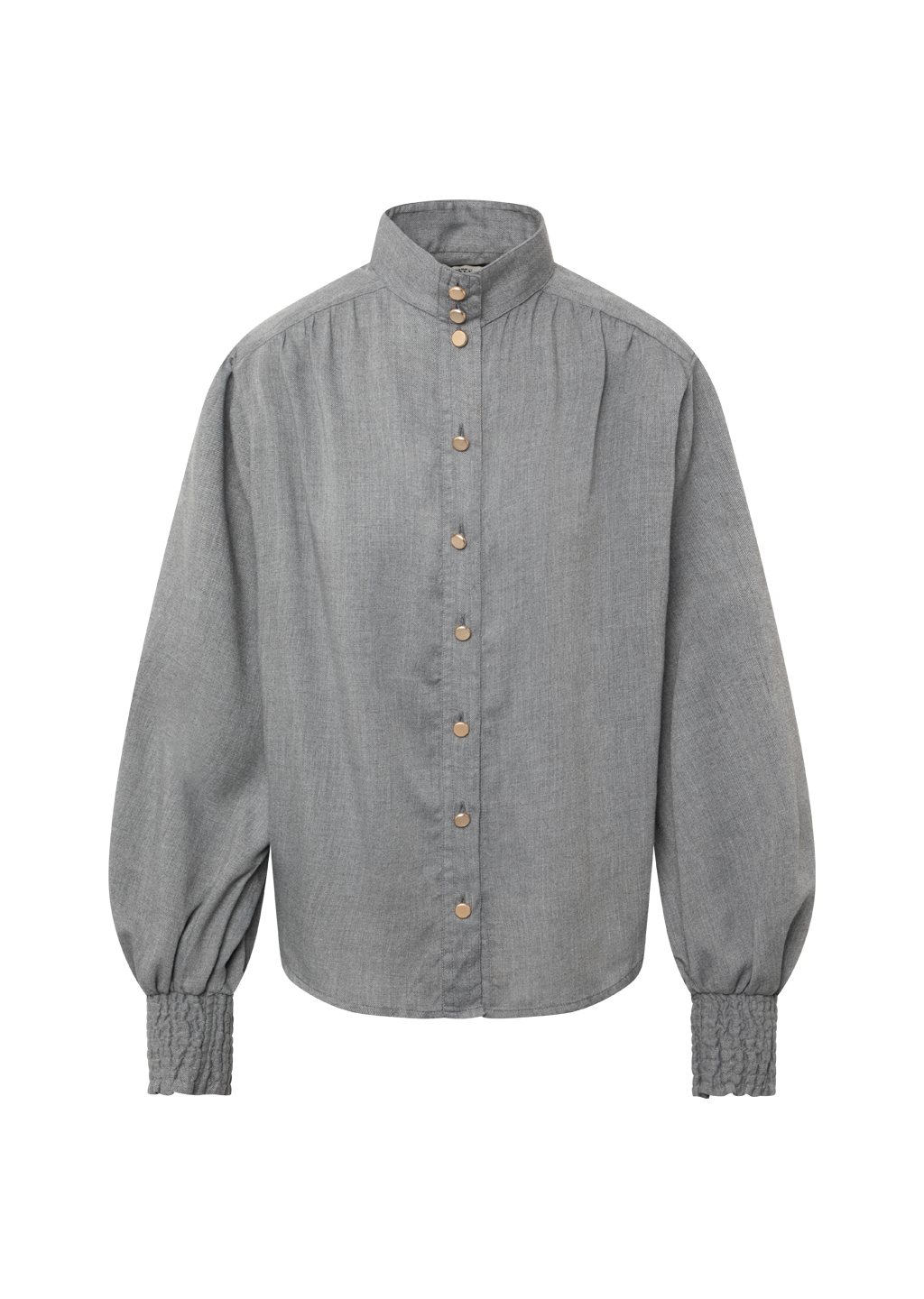 Graue Bluse Dunia von 0039 Italy im Oversize-Schnitt mit gesmoktem Stehkragen, goldenen Knöpfen und leicht gepufften Ärmeln.