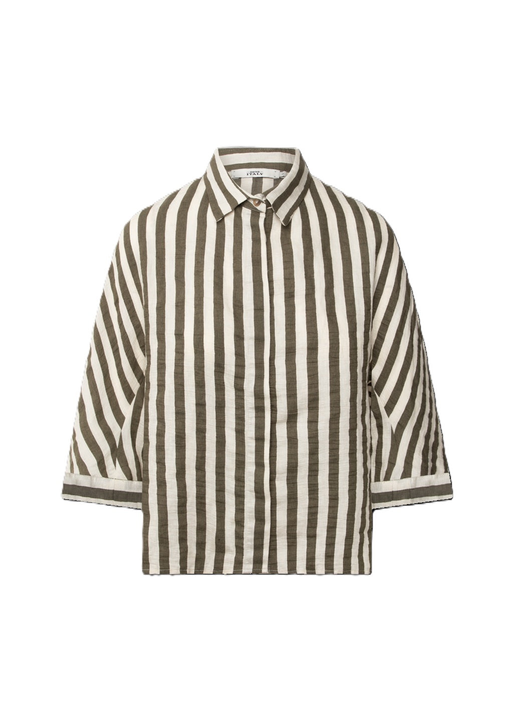 Bluse 0039 Italy Hollie mit Streifen in grün/ecru. Oversized geschnittene Streifenbluse mit Kragen und verdeckter Knopfleiste. Die Bluse hat eine überschnittene Schulter und besteht aus 100% Leinen. 