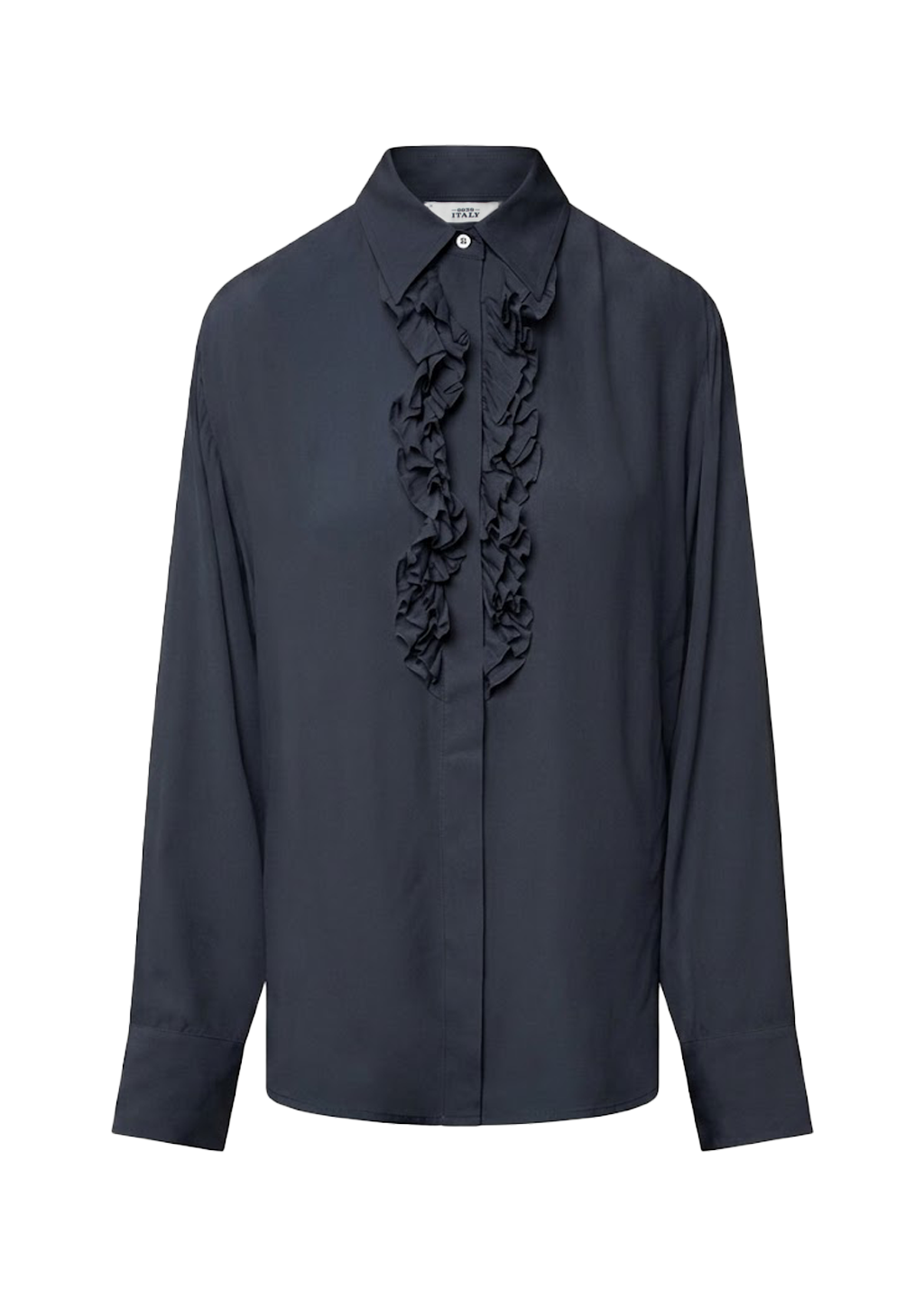 Dunkelblaue Seidenbluse Jessi von der Marke 0039 Italy mit Hemdblusenkragen und Rüschendetails. Die Bluse hat lange Ärmel und eine verdeckte Knopfleiste.