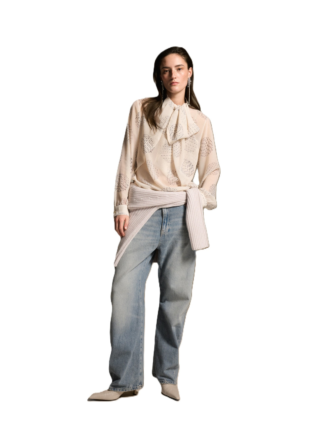 Beige gemusterte Bluse Dorothea von 0039 Italy mit angenähter Schluppe, leicht transparenter Optik und geradem Schnitt.
