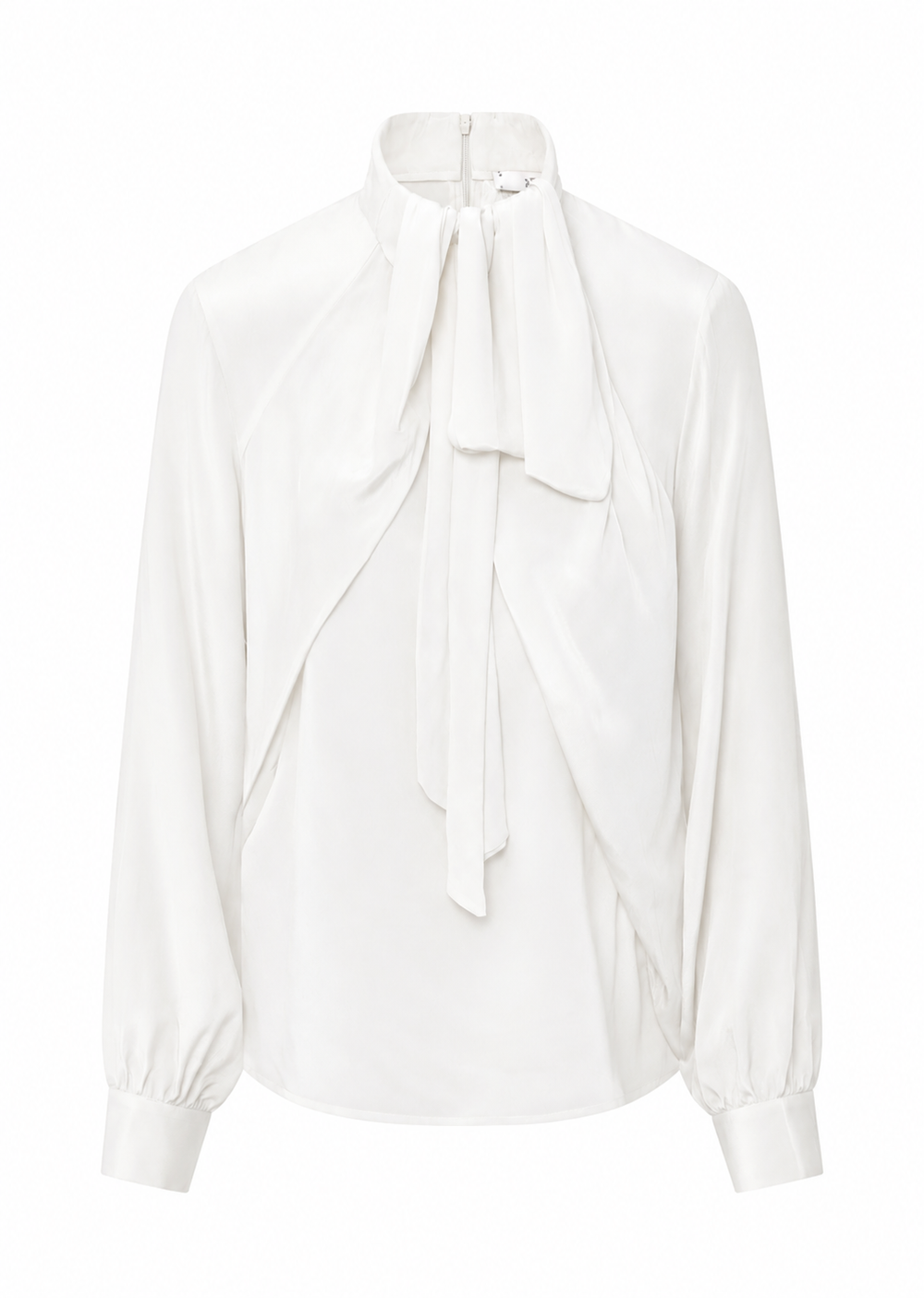 Weiße Bluse Dorothea von 0039 Italy aus Popeline mit angenähter Schluppe, langen Ärmeln und Reißverschluss am Rücken.