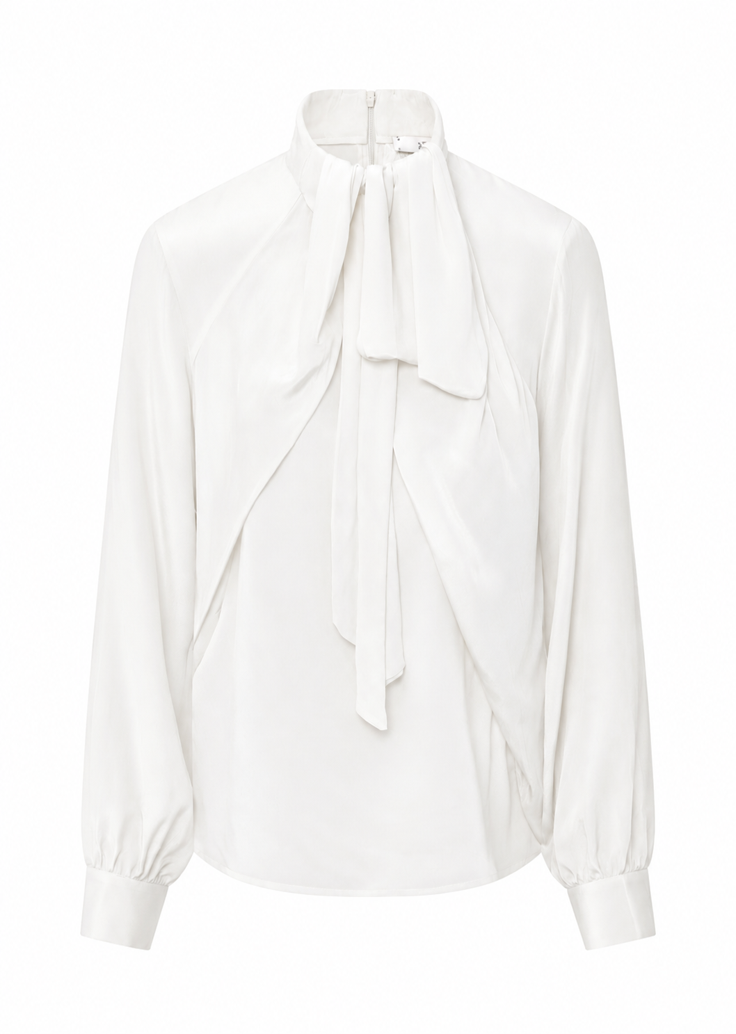 Weiße Bluse Dorothea von 0039 Italy aus Popeline mit angenähter Schluppe, langen Ärmeln und Reißverschluss am Rücken.