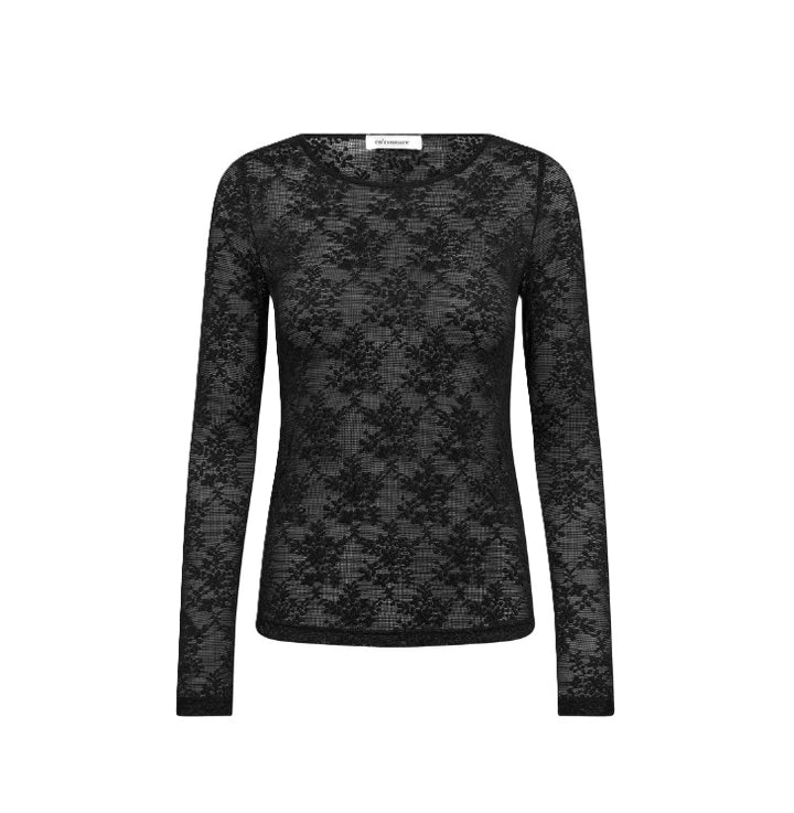 Bluse Co’Couture BirtaCC in Schwarz aus transparenter, floraler Spitze mit schmaler Passform, Rundhalsausschnitt mit schmaler Einfassung und langen, eng anliegenden Ärmeln. Das durchgehende Spitzenmuster und der gerade Saum unterstreichen die elegante, feminine Optik.