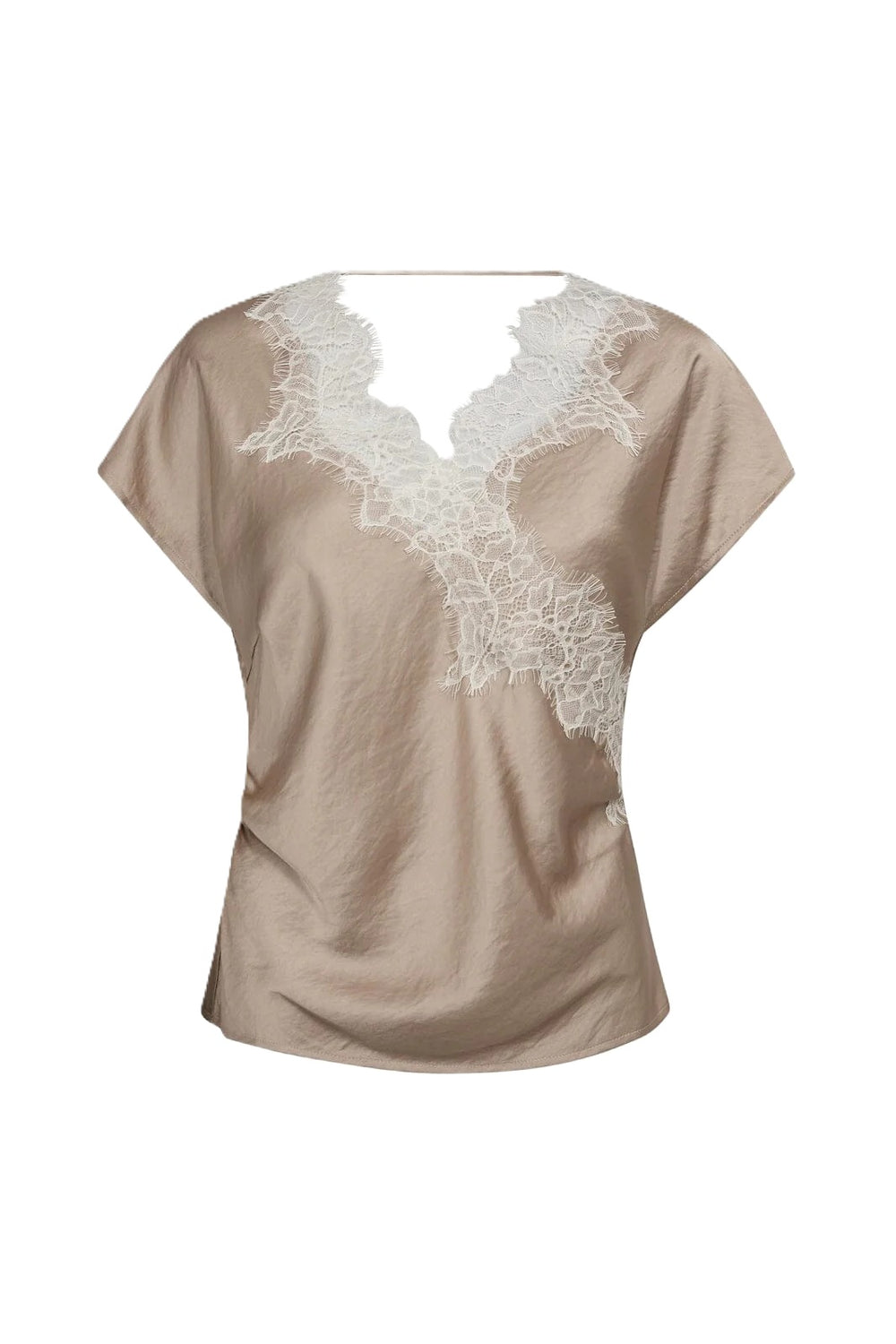 Elegante Bluse von co’couture mit einem femininen V-Ausschnitt und feine Spitzendetails in beige und Spitze in ecru