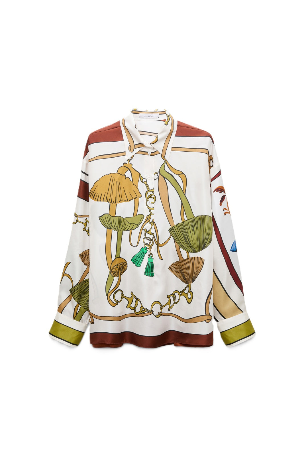 Bluse Dorothee Schumacher COSMIC FUNGHI Blouse ikn brown ribbon. Diese wunderschöne Bluse aus Seidentwill gefertigt ist oversized geschnitten. Sie hat einen tollen Pilzprint, welcher der Signature Print der aktuellen Saison ist. Sie hat einen Hemdkragen und eine halbe Knopfleiste. Die Form ist boxy und entspannt.