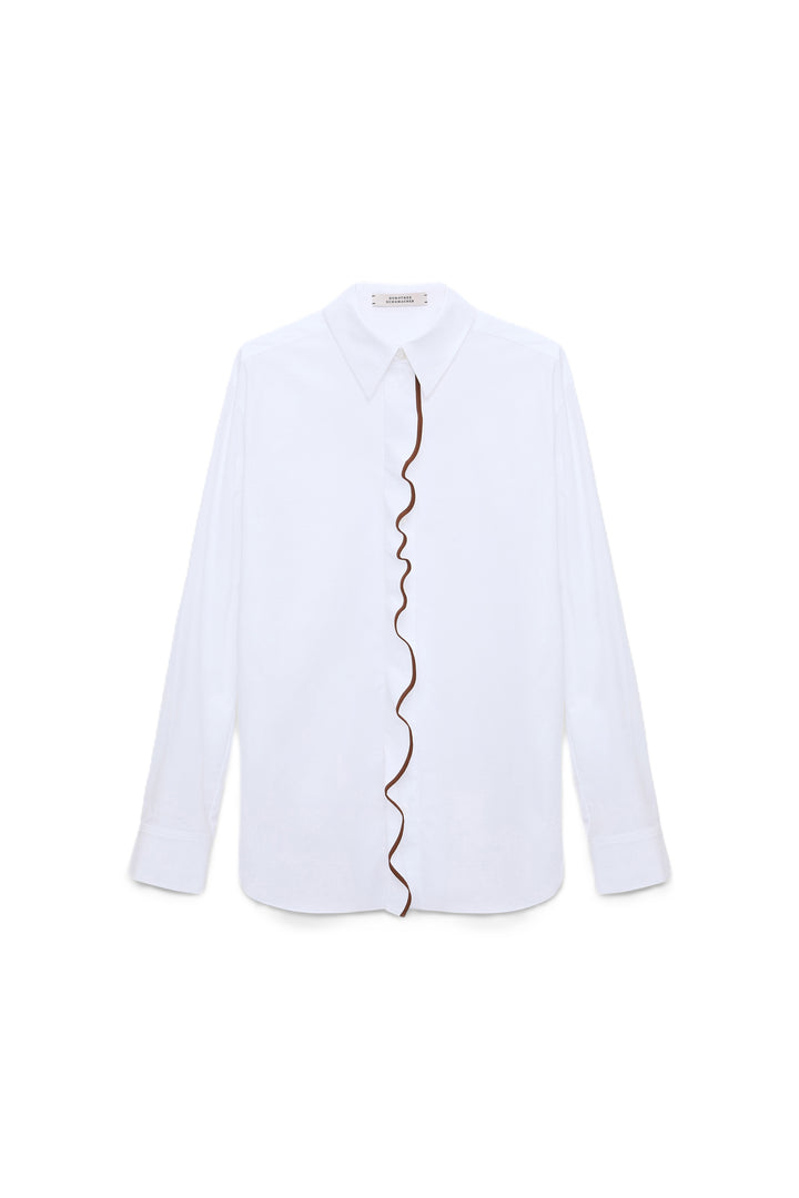 Bluse von Dorothee Schumacher PURE POWER blouse in weiß mit brauner Ruesche undd Kragen. 