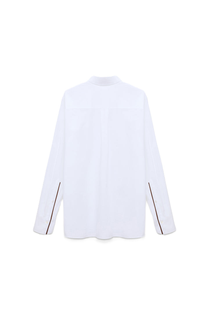 Bluse von Dorothee Schumacher PURE POWER blouse in weiß mit brauner Ruesche undd Kragen. 